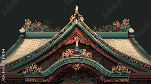 Close-up, low resolution pixelated view of an elaborate, ornate Asian building roof
