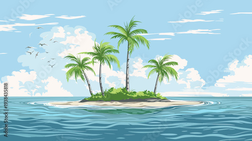 Pixel art island scene palms on a sandy isle surrounded by rippling sea under a cloudy sky