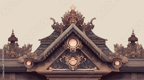 Ornate temple roof facade with detailed carvings in pixelated digital art style
