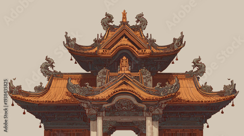 Low-resolution image of an ornate Asian architectural structure against a solid background