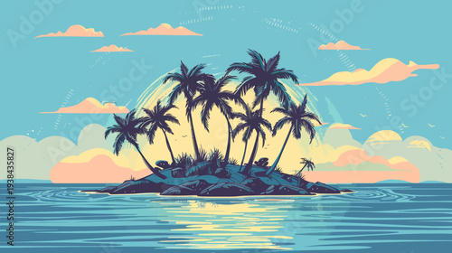 Pixelated tropical island scene with palm trees, ocean, and a pastel sky with clouds