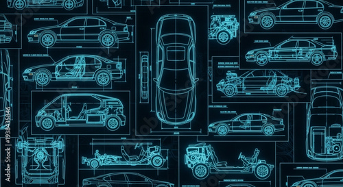 Blueprint Schematics of Various Car Models and Designs.