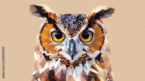 A detailed polygonal portrait of an owl with piercing eyes, warm tones, and geometric pattern on a tan background