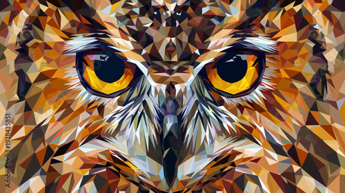 Geometric digital artwork of an owl's face, featuring captivating yellow eyes