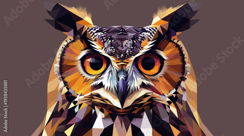 Geometric owl portrait with striking orange eyes against a muted brownish background