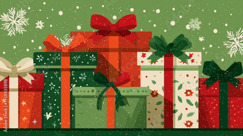 Colorful gifts stacked against a snowy green backdrop, holiday season illustration