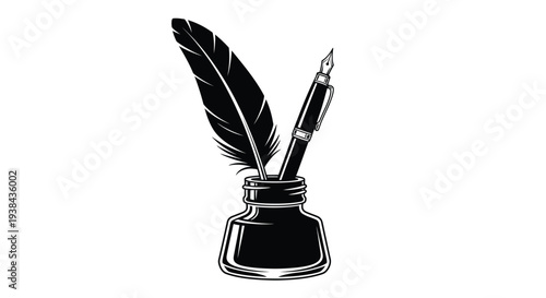 Vintage inkwell with quill pen and fountain pen on white background writing tools