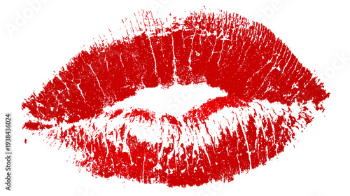 Red lipstick kiss imprint on white background with a distressed, textured look