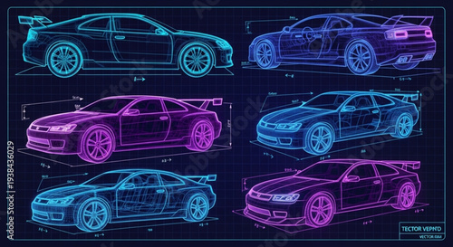 Blueprint Style Sports Cars Collection Neon Glow.