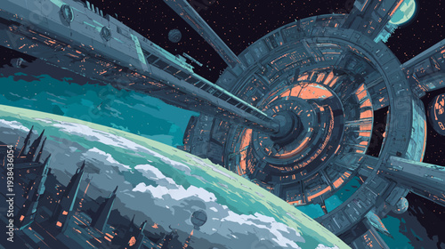 Pixel art of a space station orbiting a planet with teal atmosphere and city lights