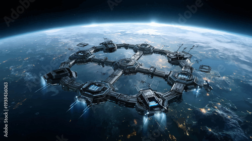 Futuristic space station orbits Earth with city lights and atmosphere visible below