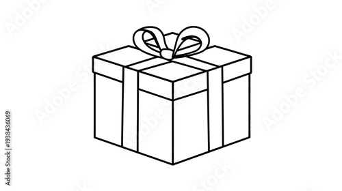 Line art drawing of wrapped present with ribbon and bow, isolated on white