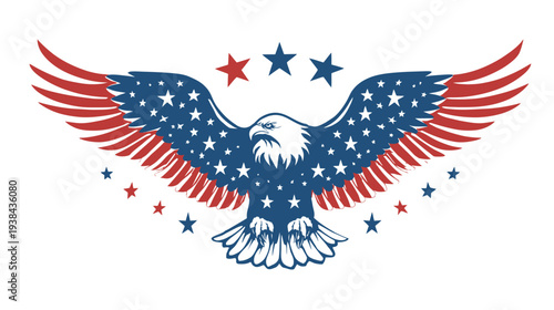 Patriotic eagle with stars and stripes wings, in shades of red, white, and blue