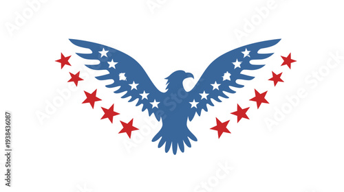 Blue eagle with white stars on wings, bordered by red stars on a white background