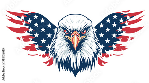 Patriotic eagle portrait with wing-like American flag design behind the head