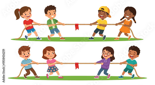 Children enthusiastically play a tug of war game demonstrating teamwork and friendly competition