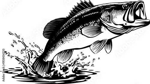 Graphic, monochrome illustration of a fish leaping from the water with splashing