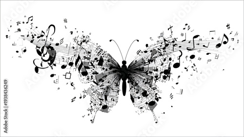 Butterfly silhouette filled with musical notes and staves on white background