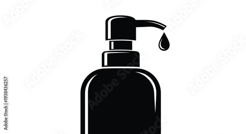 Black dispenser bottle with a drop of liquid on a white background symbolizing soap sanitizer or lotion
