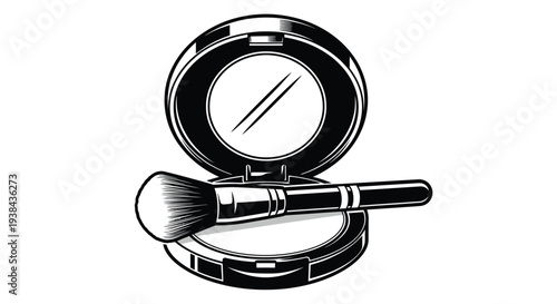 Black and white illustration of open makeup compact with brush perfect for beauty and cosmetics concepts