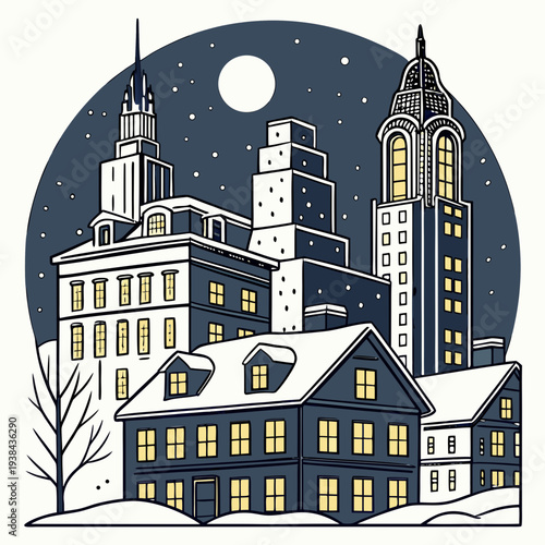 A charming town under the moonlight with tall buildings and a crescent moon. Vector
