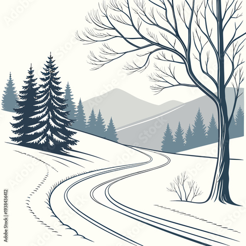 A serene winter landscape with snow-covered trees and a winding path leading into the distance Vector