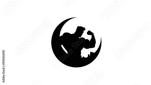 Muscular man flexing bicep silhouette icon in crescent shape. Fitness, bodybuilding, strength, power, workout concept.