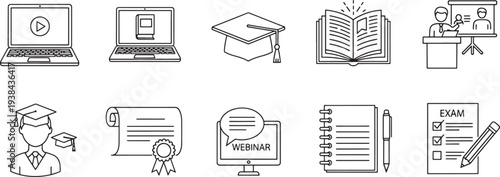 Education and exam preparation flat design vector illustration with laptop, books, graduation cap, and study icons