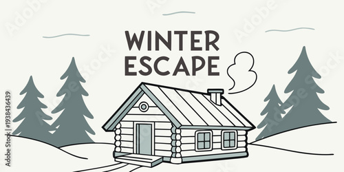 A cozy winter cabin nestled among tall pine trees under a snowy sky Vector