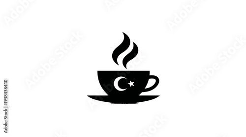 Stylized Steaming Hot Beverage Cup Icon with Crescent Moon and Star Silhouette on Saucer, Cultural Drink Symbol