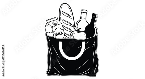 Grocery shopping bag filled with food and drink items including milk bread and wine for daily consumer needs