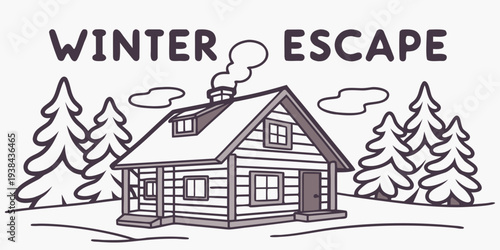 A serene winter escape with a cozy cabin nestled among snow-covered trees. Vector