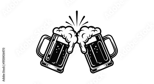 Two beer mugs clinking together with foam and steam rising celebration and joy