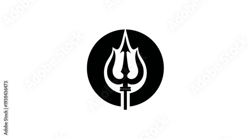 Mythological Trident Icon in Black Circle, Ancient Weapon Symbol, Powerful Divine Minimalist Graphic Design Element