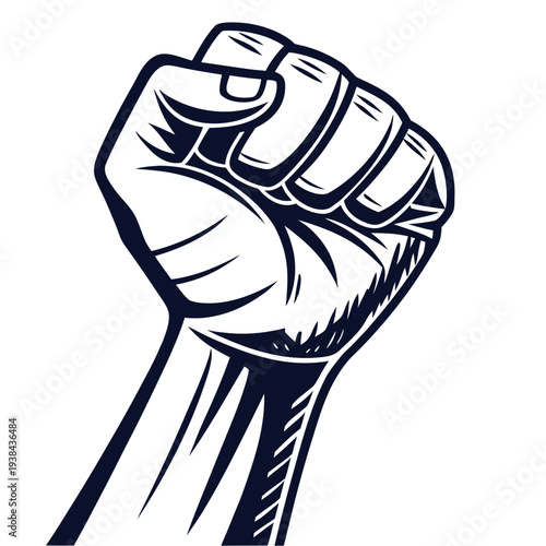 A clenched fist symbolizing strength and solidarity in black and white Vector