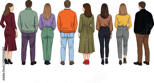 Flat vector illustration of a diverse group of men and women standing in a row viewed from behind wearing casual modern office clothing