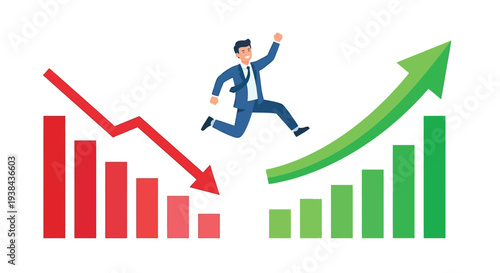 Businessman leaping over declining red graph towards rising green success