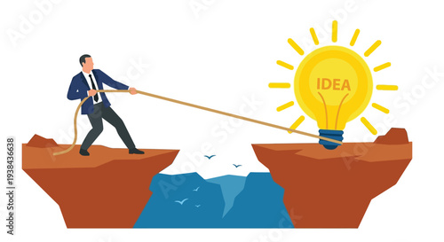 Man pulling a glowing idea lightbulb over a canyon gap