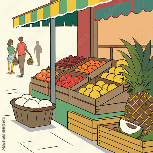 A vibrant market stall filled with fresh fruits and vegetables in a bustling outdoor setting Vector