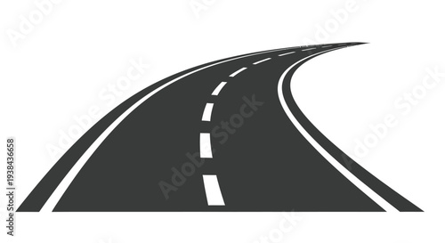Curving asphalt road illustration with white lane markings on a white background