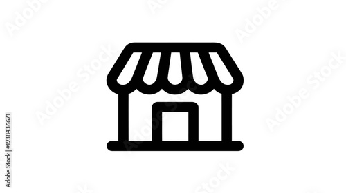 Black outline flat icon of a shop building with striped awning, symbolizing retail, e-commerce, shopping, and business concept.