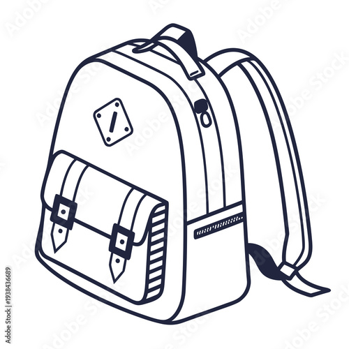A black and white illustration of a backpack with a prominent peace sign Vector