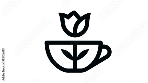 Outline vector icon of a blooming flower in a teacup, symbolizing herbal tea, organic beverages, natural ingredients, and health.