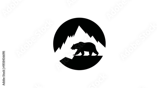 Minimalist black and white bear and mountain silhouette icon. Nature emblem for outdoor adventure, wilderness, and wildlife concepts.