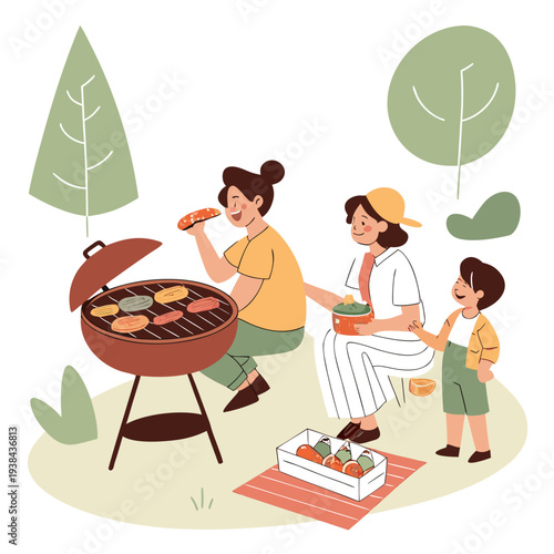 Family enjoying a picnic in a park with a barbecue grill and outdoor games Vector