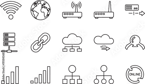 Modern technology and global communication icons set thin line flat design vector illustration