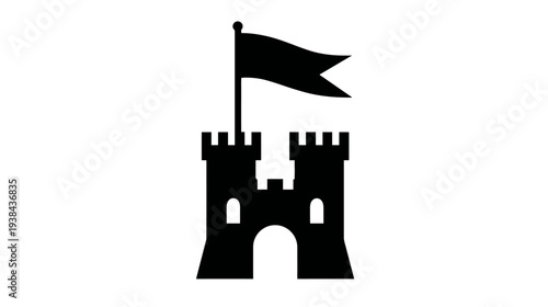 Black silhouette icon of a medieval castle with flag, ancient fortress symbol, historic architecture, defense stronghold graphic.