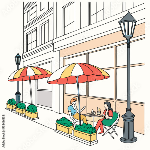 A bustling street scene with people enjoying outdoor dining under colorful umbrellas Vector