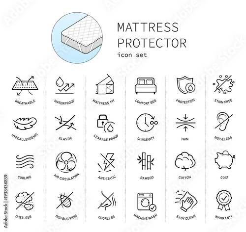 Mattress protector for sleeping icon set. The outline icons are well scalable and editable. Contrasting elements are good for different backgrounds. EPS10.