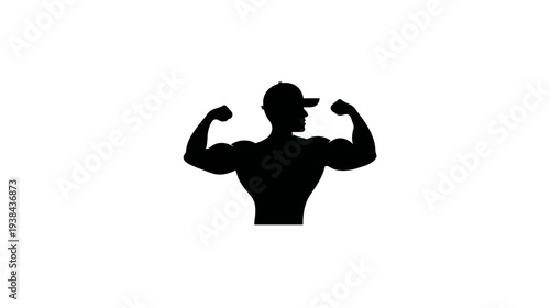 Muscular man flexing biceps silhouette with a cap, representing fitness, strength, bodybuilding, gym workout, and power icon.